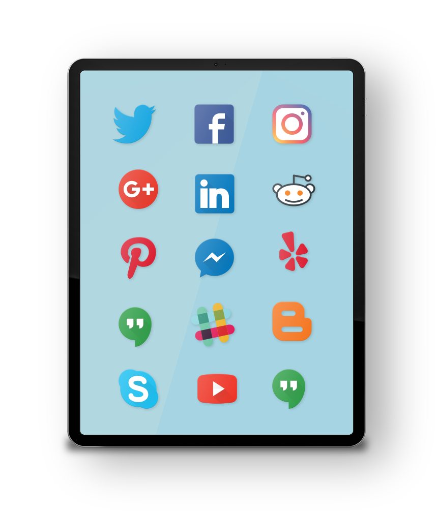 tablet with various social media icons